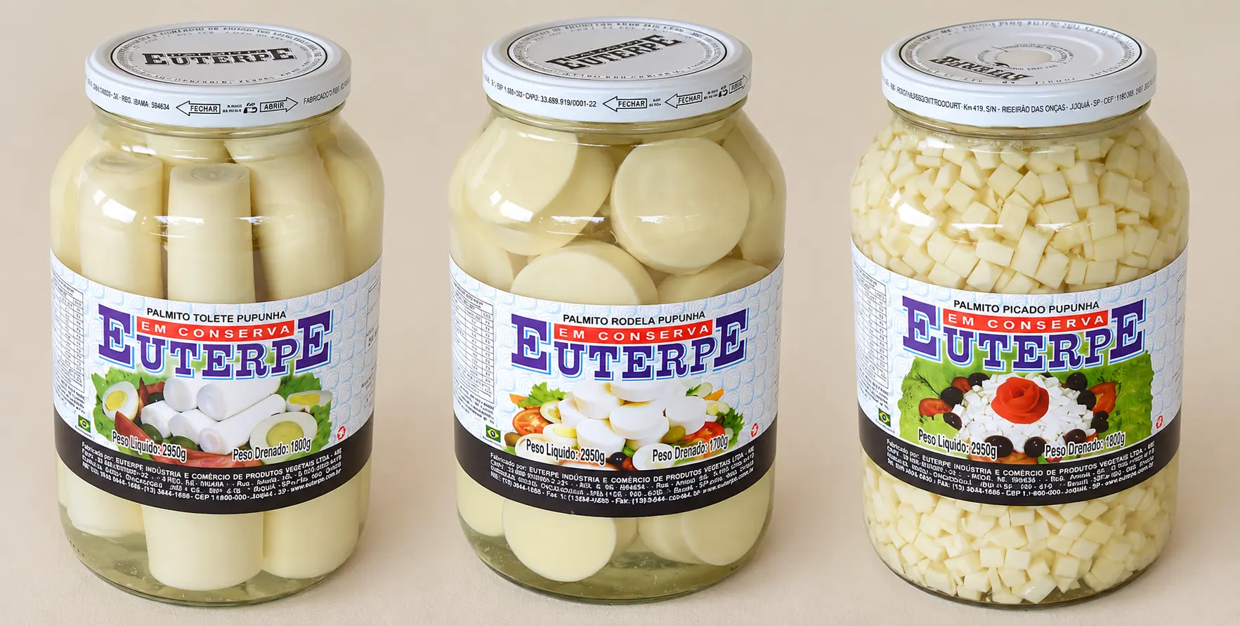 Euterpe palm heart products from Brazil - whole, sliced and diced pupunha