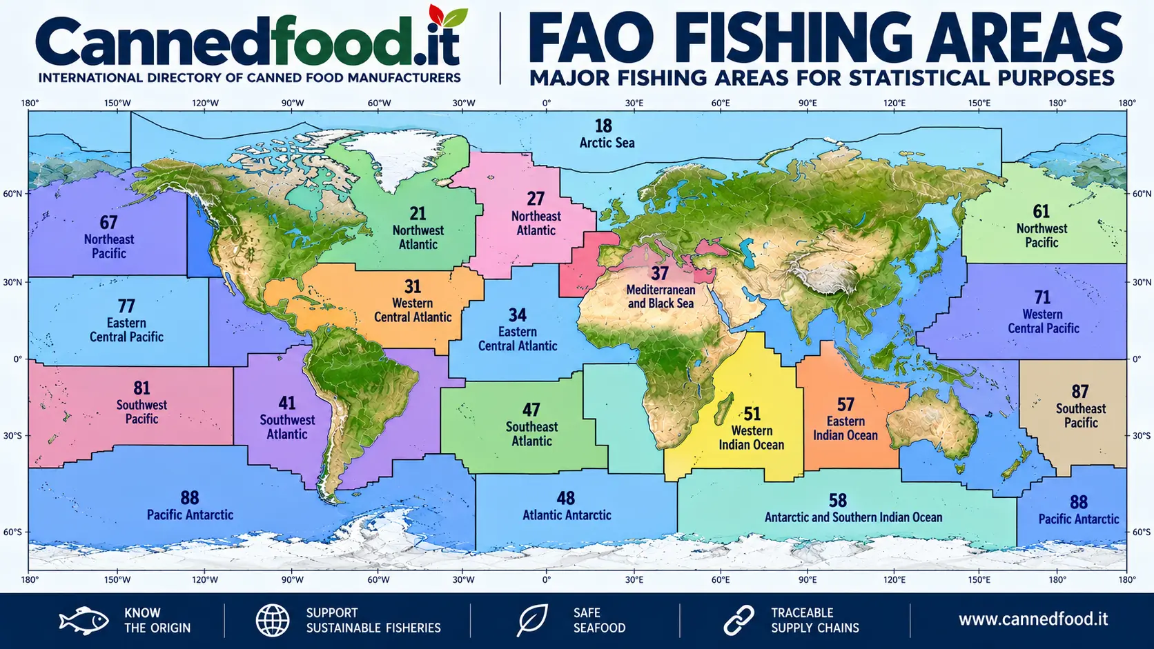 FAO fishing areas world map - seafood origin, traceability and sustainability